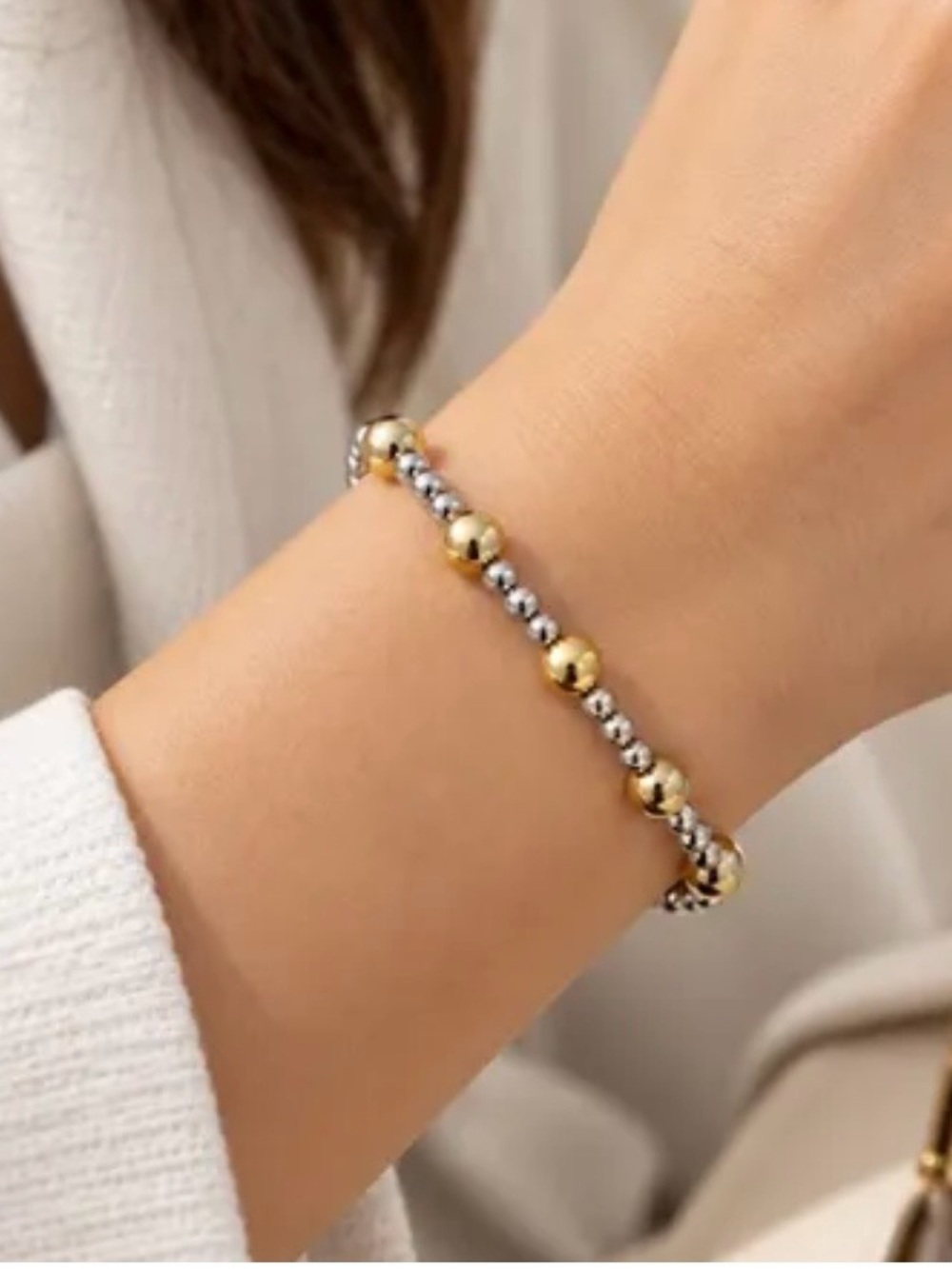 Two-Tone Gold & Silver Beaded Stretch Bracelet for Women